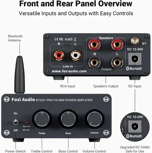 Vista 2 de Fosi Audio BT20A - Amplificador estéreo Bluetooth, amplificadores de componentes de audio para el hogar de 2 canales para altavoces pasivos, mini