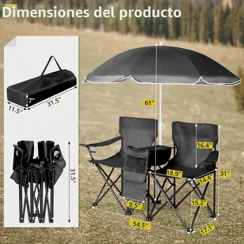 Vista 2 de Vasitelan - Silla de camping doble con paraguas, color negro