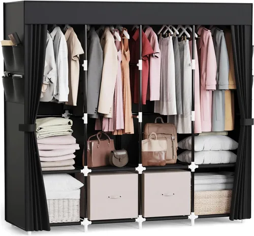 Vista 9 de Mavivegue Armario portátil, Armario de ropa, Armario portátil para colgar ropa, para dormitorio y sala de estar, Negro, 2 filas, 34" de ancho x 18