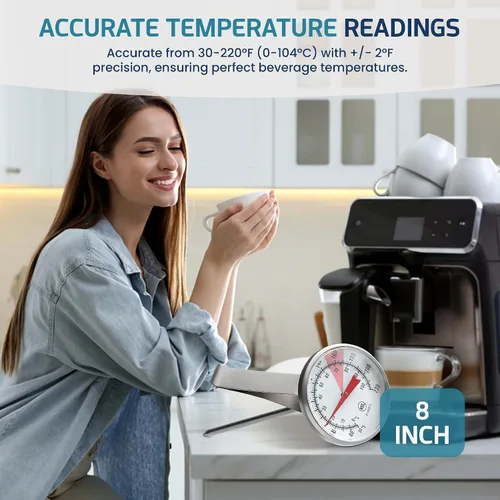 Vista 4 de OCS Parts Termómetro de espuma de leche de 8 pulgadas Termómetro de 30-200 ° F con clip para café, capuchino, lattes, mocas, espuma de leche