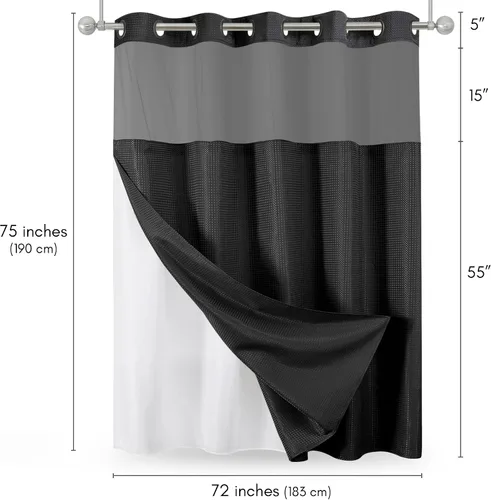 Vista 3 de Americanflat 72x75 cortina de ducha sin gancho con patrón de gofres - Cortina de ducha larga resistente al agua con panel transparente, forro