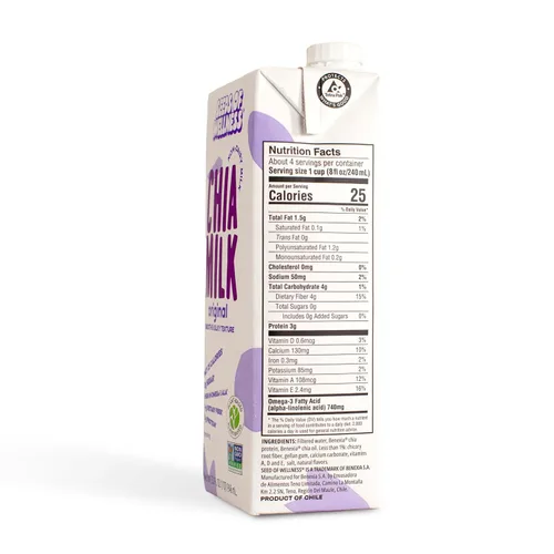Vista 2 de Seeds of Wellness - Chia Milk Original, Vegan, Plant-Based, Non-Dairy, 740 mg Omega-3, 4g Fiber, 3g Protein, Zero Sugar, Smooth Texture, Low