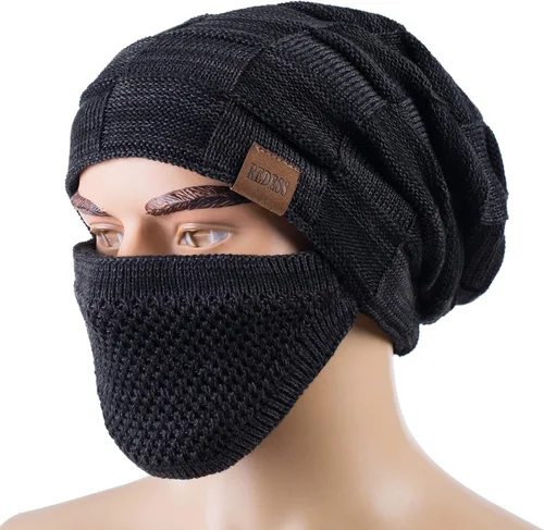 Vista 2 de REDESS Gorro para hombre y mujer, gorro de invierno cálido de punto holgado grueso con cubierta facial D2 Negro