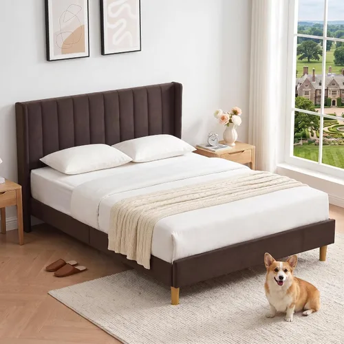 Vista 25 de Cama de plataforma tapizada de terciopelo Queen con cabecera con respaldo de alas, color crema Canal vertical acolchonado, listones de madera