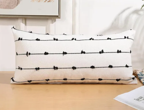 Vista 2 de NUYECY Fundas de Almohada Lumbar Larga Boho 14 x 20 pulgadas Negro, Patrón Clásico de Rayas de Algodón Funda Decorativa de Almohada Lumbar Larga