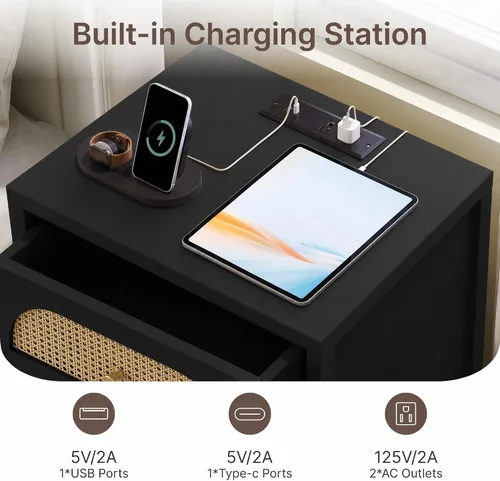 Vista 3 de KISLOT 22'' Rattan Night Stand with 2 Drawers, USB Charging Station