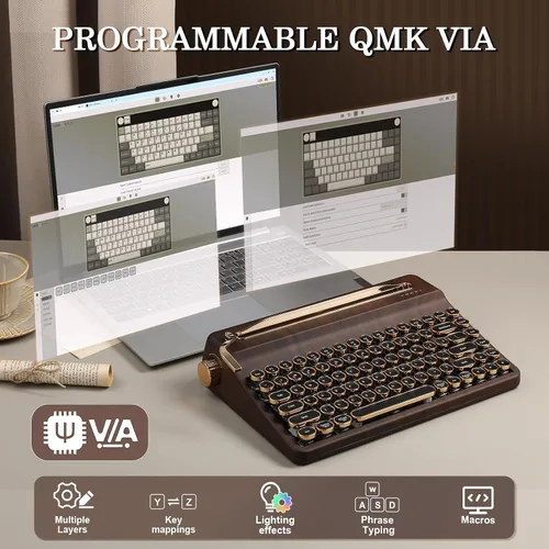Vista 6 de YUNZII QL75 Wireless Typewriter Hot Swap Retro Mechanical Keyboard,Punk Round Keycaps,RGB Backlit QMK/VIA Programmable, Multi-Device Keyboard with
