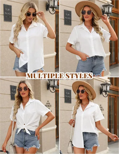 Vista 2 de HOTOUCH Camisa con botones para mujer, de algodón, de manga corta, cuello en V, con botones, para verano y playa