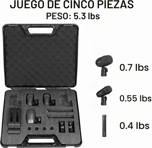Vista 8 de Depusheng Kit de micrófono dinámico con cable de 5 piezas (completamente metálico) para bombo, tom/redoblante y platillos - Micrófono para tambores