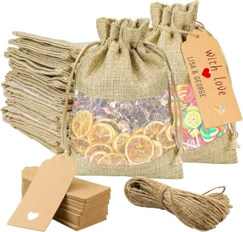 Vista 8 de GIOIPC 20 bolsas transparentes de arpillera de lino de 5 x 7 pulgadas con cordón y etiquetas de regalo adicionales para boda y cumpleaños, bolsas