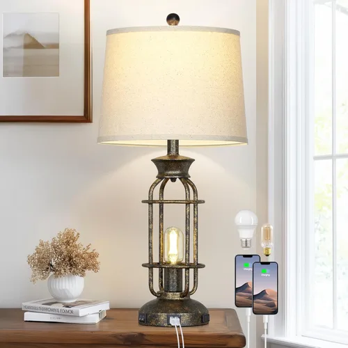 Vista 11 de 26" Modern Lamp for Living Room, Industrial 3-Way Dimmable Beside Table Lamp with USB A+C Charging Ports & AC Outlet, Touch Control Beside Lamp LED