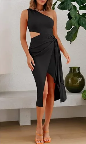 Vista 7 de PRETTYGARDEN Vestido de fiesta sexy de verano para mujer, con un hombro recortado, entallado, con abertura, sin mangas, con lazo en la cintura