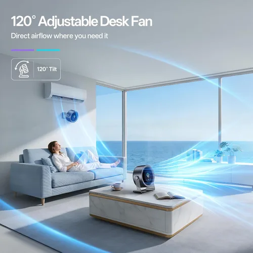 Vista 9 de Ventilador de escritorio USB para dormitorio: Pantalla digital de 100 velocidades, ventilador portátil silencioso con flujo de aire turbo, rotación