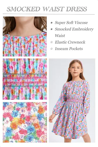 Vista 3 de Vestido floral con cintura fruncida para niñas, ropa de juego para la iglesia, vacaciones, vestido midi suave con bolsillos