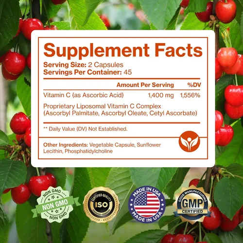 Vista 5 de Pure Micronutrients Vitamina C liposomal pura, suplemento de 1400 mg, 90 cápsulas, píldoras de ácido ascórbico VIT C de alta absorción