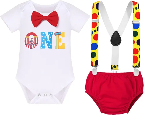 Vista 35 de IBTOM CASTLE Disfraz de carnaval de circo para el primer cumpleaños con temática de carnaval para bebé niño con tirantes y pajarita, sombrero
