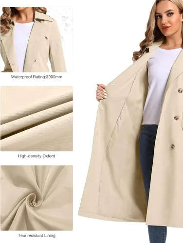 Vista 5 de poonyfesh Gabardina larga impermeable resistente al viento para mujer clásica con solapa de doble botonadura con capucha extraíble