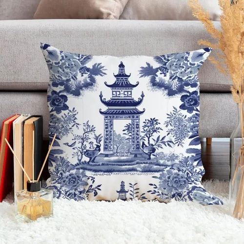 Vista 4 de ArogGeld Chinoiserie - Funda de cojín con diseño de pagoda asiática azul índigo, diseño cuadrado de flores y pagoda asiática, para oficina, silla