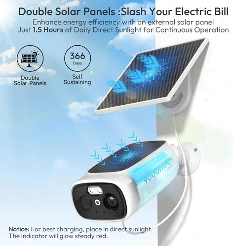 Vista 3 de 2 cámaras WiFi 2.4G/5G para seguridad en el hogar con paneles solares dobles, cámaras de seguridad solar 2K inalámbricas para exteriores, visión