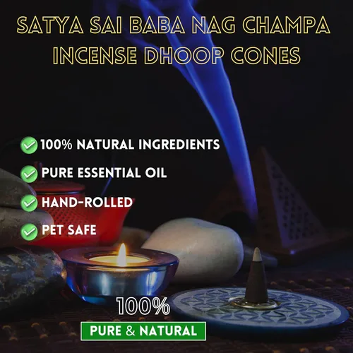 Vista 2 de Satya Sai Baba Nag Champa - Conos de incienso para meditación, yoga y alivio del estrés, paquete de 12, 144 conos con fragancia natural