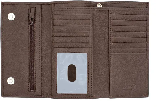 Vista 9 de Cartera larga de cuero genuino para hombre, triple cubierta de chequera, bloqueo RFID, múltiples ranuras para tarjetas, bolsillo con cremallera