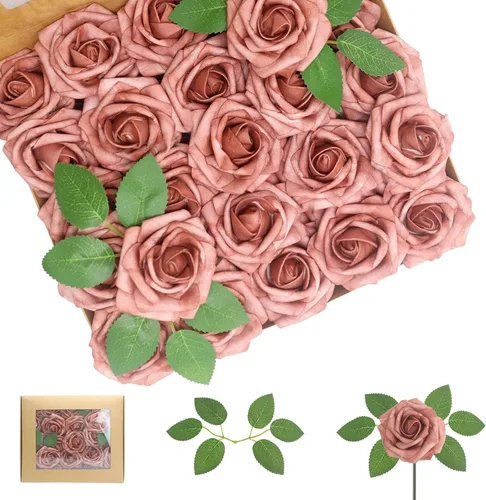 Vista 11 de 25 rosas realistas negras, flores artificiales de espuma de látex con tallos flexibles y 8 hojas para decoración de bodas, hogar y fiestas Negro