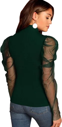 Vista 2 de Blusa Romwe para mujer, con mangas bombachas de red, cuello alto, ajustada, para fiesta