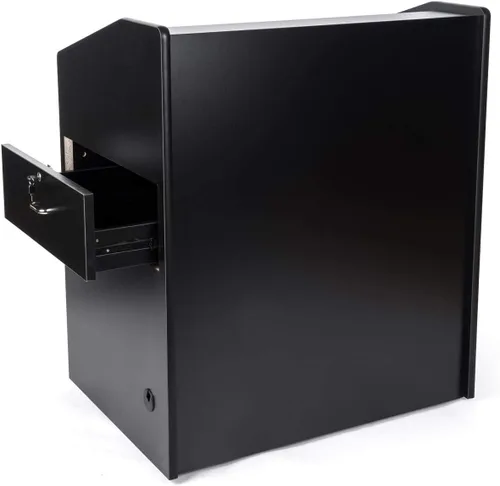 Vista 2 de Displays2go Podio multimedia rodante con estantería ajustable - (OLILCTMMLBK)