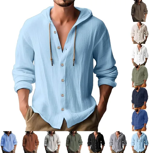 Vista 10 de Camisa de lino para hombre, manga larga, para verano, casual, holgada, grande y alta, con botones, de algodón, para vacaciones