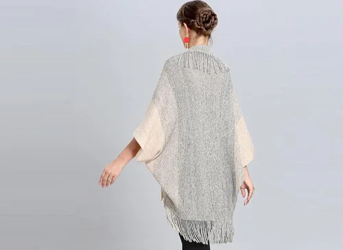Vista 3 de Chal de punto con flecos para mujer con parte delantera abierta abrigo plano cálido para otoño e invierno