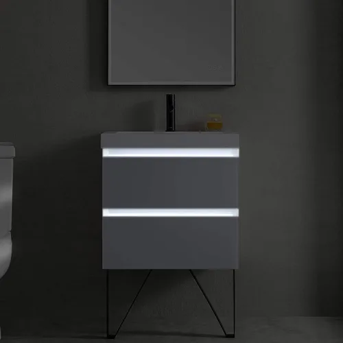 Vista 9 de Blossom Tocador de baño LED de 24 pulgadas – Tocador flotante montado en la pared con luces – 100% impermeable PVC de grado marino – Moderno