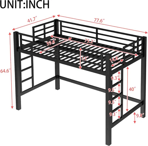 Vista 2 de Cama alta individual con escaleras, cama alta de metal individual con tapones antivibraciones y reducción de ruido, cama alta resistente