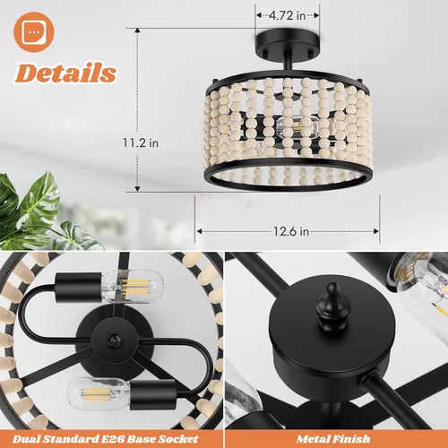 Vista 5 de Lámpara bohemia de granja - Lámpara de techo con cuentas de madera, lámpara de techo rústica semiempotrada, lámpara negra de 2 luces para cuarto
