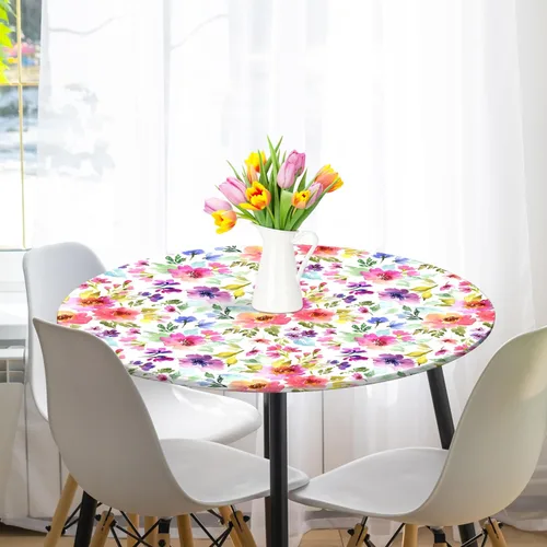 Vista 8 de Mantel redondo ajustable de primavera y verano con borde elástico, mantel de flores de acuarela para exteriores, mantel reutilizable para interiores