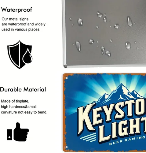 Vista 7 de Keystone Light - Letrero de lata de cerveza vintage para cervecería publicitaria, letrero de metal estampado estético para jardín, patio, bar