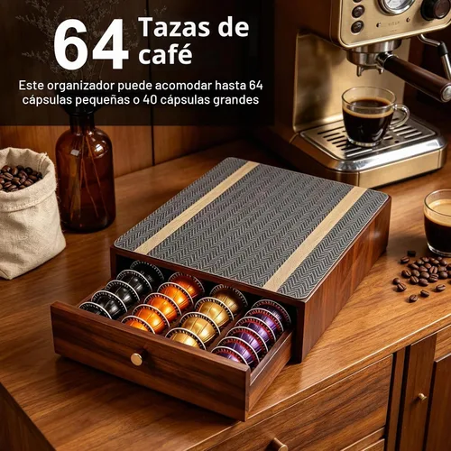 Vista 3 de Organizador de cápsulas de café de madera de acacia, soporte para vainas, compatible con Nespresso Vertuo, soporte para cafetera, para encimera