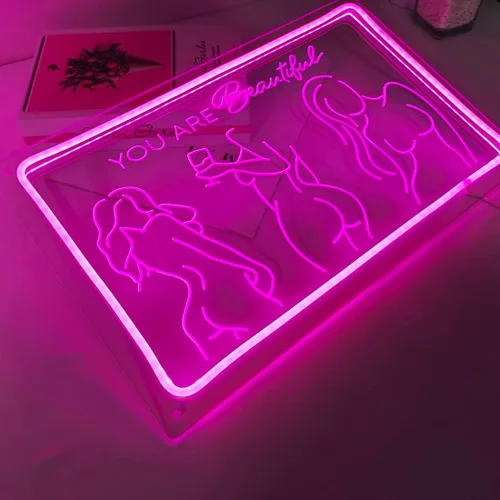 Vista 7 de Britrio Señal de neón con texto en inglés "Lady Back", decoración artística de pared de neón rosa con texto en inglés «You Are Beautiful», luz