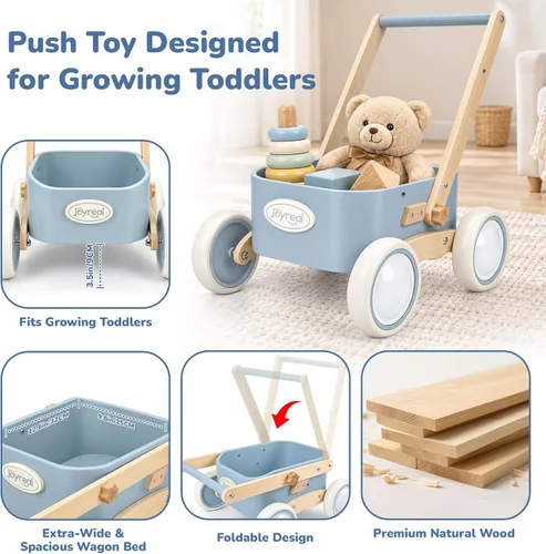 Vista 3 de Joyreal Andador de madera para bebés y vagón para niños pequeños 2 en 1 Azul