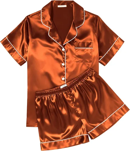 Vista 27 de Ekouaer Conjunto de pijama de satén de seda para mujer, suave, de manga corta, con botones, ropa para dormir, camiseta y pantalones cortos, juego