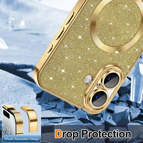 Vista 4 de Hython para iPhone 16 Funda con chispas brillantes, Fundas magnéticas transparentes con protector de lente de cámara [Compatible con MagSafe]