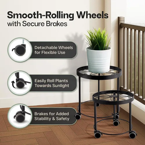 Vista 2 de Soporte para plantas de interior con ruedas, (2 tamaños), elevadores de metal para macetas (12 y 10 pulgadas de diámetro)