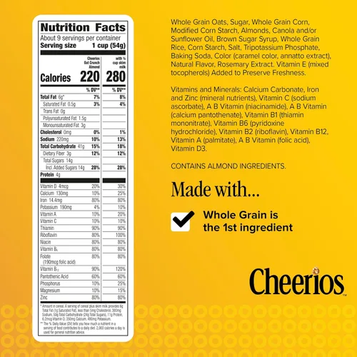 Vista 2 de Cheerios Cereal de desayuno de almendras crujientes de avena, hecho con grano entero, tamaño grande, 18.2 onzas 25% More Almonds, 30g Whole Grain
