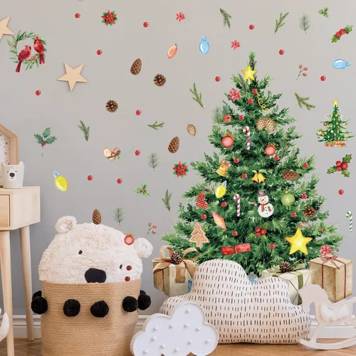 Vista 3 de Spiareal 1 juego de calcomanías de pared para árbol de Navidad, conos de pino acebo extraíbles