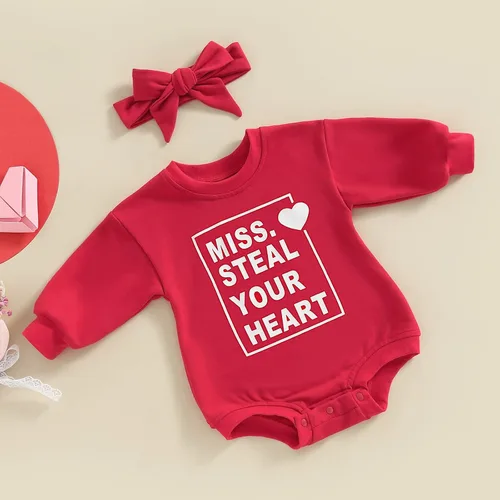 Vista 11 de Traje de bebé niña para el primer día de San Valentín, mameluco de burbujas con cuello redondo, sudadera linda para primavera y otoño