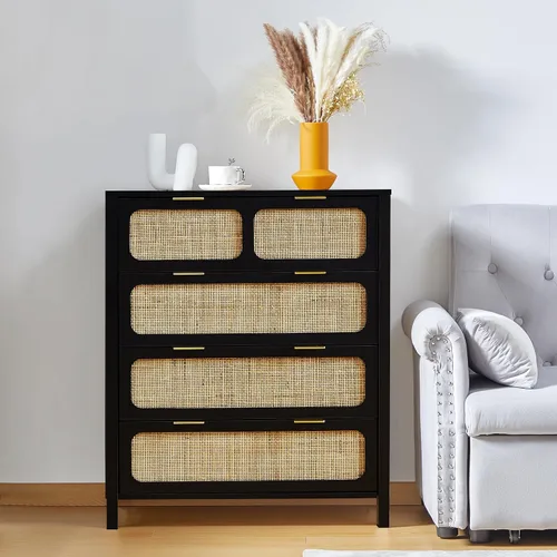 Vista 2 de Cómoda de 4 cajones, moderna cómoda de ratán con cajones anchos y asas de metal, cómoda de almacenamiento de madera de granja para dormitorio, sala