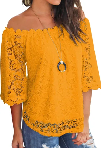 Vista 3 de MIHOLL - Blusas casuales de encaje con hombros descubiertos y sueltas para mujer