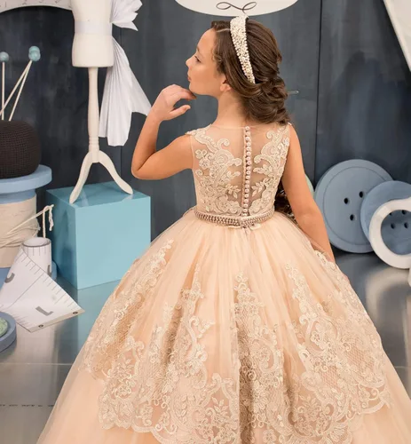 Vista 3 de Uzqast Apliques de encaje vestidos de niña de flores de tul princesa vestido de fiesta de boda con cinturón de perlas