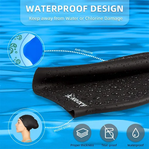 Vista 5 de Keary 2 Pack Gorro de natación actualizado de silicona para cabello largo para mujeres y niñas, impermeable, gorro de baño para piscina, gorro