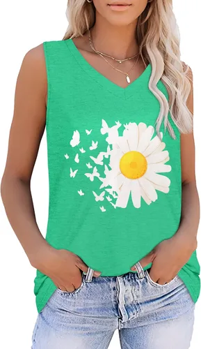 Vista 31 de Camisetas de verano para mujer, sin mangas, con cuello en V, ajuste holgado, casual, blusa tipo túnica Ab Cadetblue