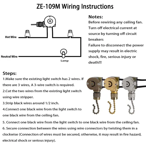 Vista 5 de Interruptor de ventilador de techo Zing Ear ZE-109M Interruptor de cable de cadena de tracción para ventiladores de techo lámparas y luces de pared